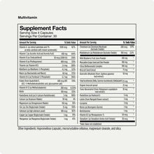 Supplement Facts label for multivitamin capsules listing vitamins, minerals, and botanical extracts with daily value percenta