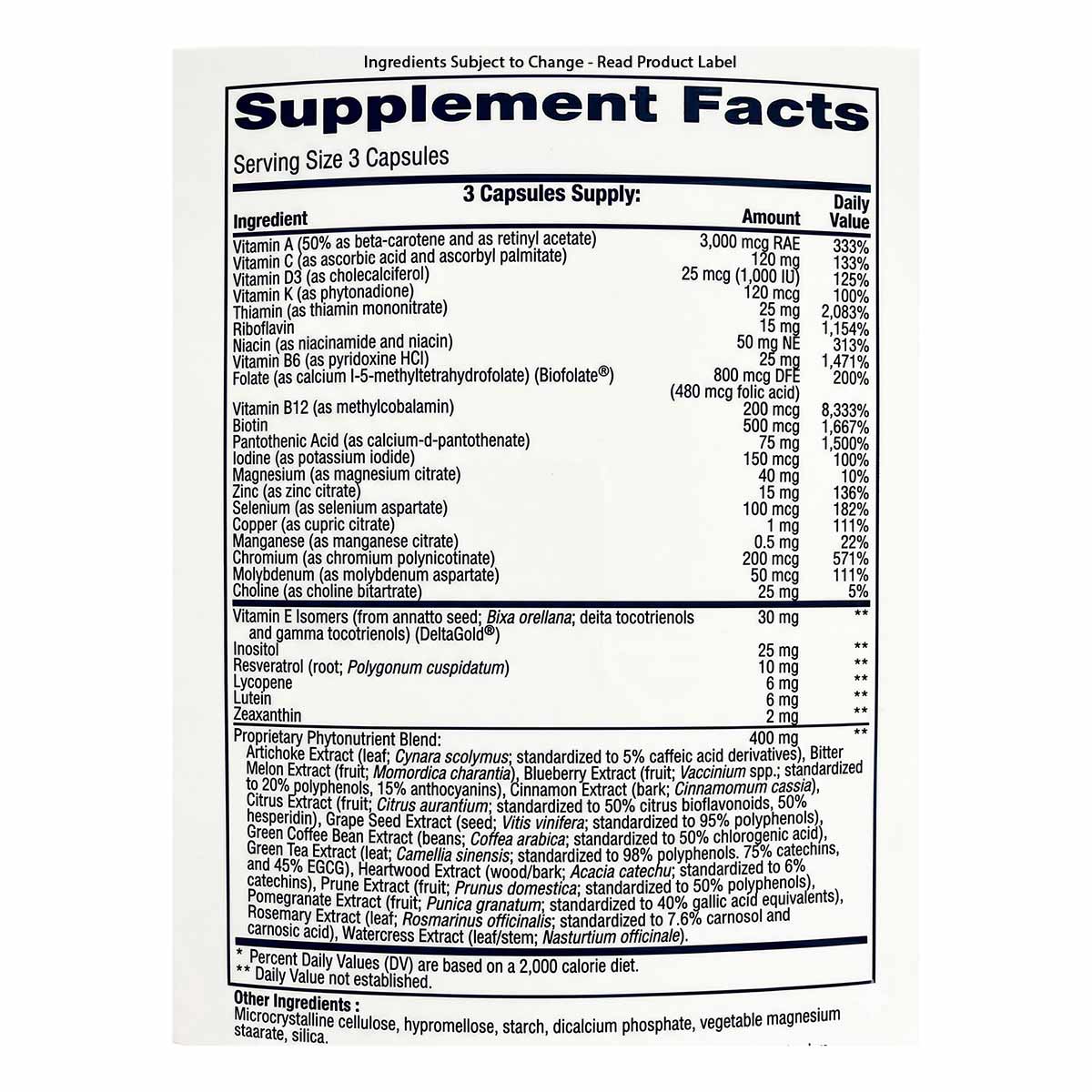 Supplement Facts label for Essential Multi showing serving size of 3 capsules with vitamins, minerals, and botanical ingredie