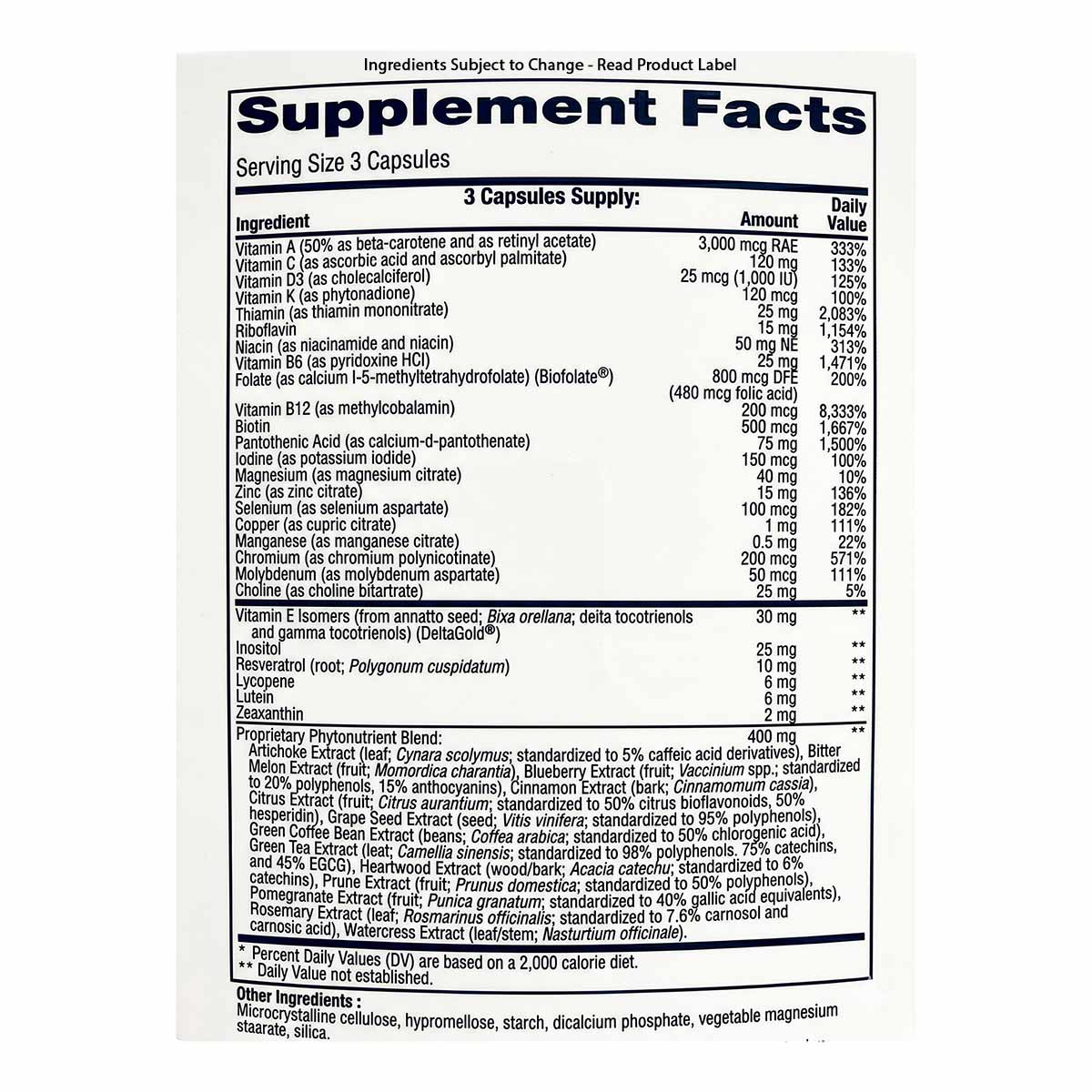NutriDyn Essential Multi supplement facts label listing vitamins, minerals, and proprietary blend ingredients per 3-capsule s