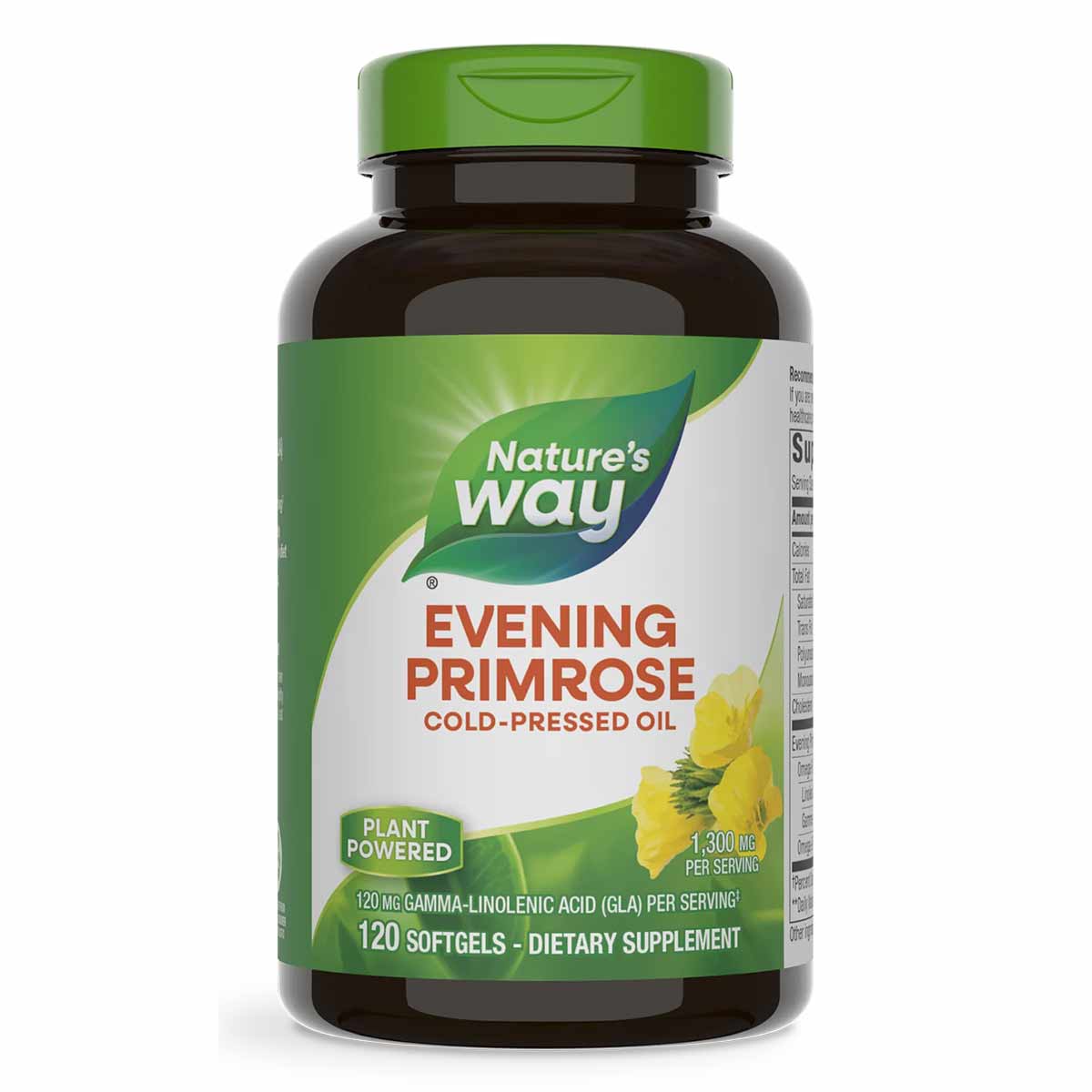 Dark brown bottle with green cap labeled "Nature's Way Evening Primrose Cold-Pressed Oil," containing 120 softgels, 1,300 mg 