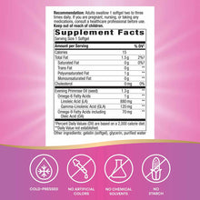 Evening Primrose Max Strength 1300 mg supplement facts label with dosage information, nutritional content, and icons indicati
