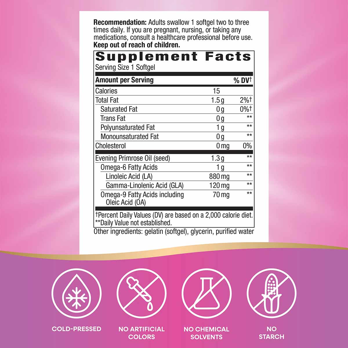 Evening Primrose Max Strength 1300 mg supplement facts label with dosage information, nutritional content, and icons indicati