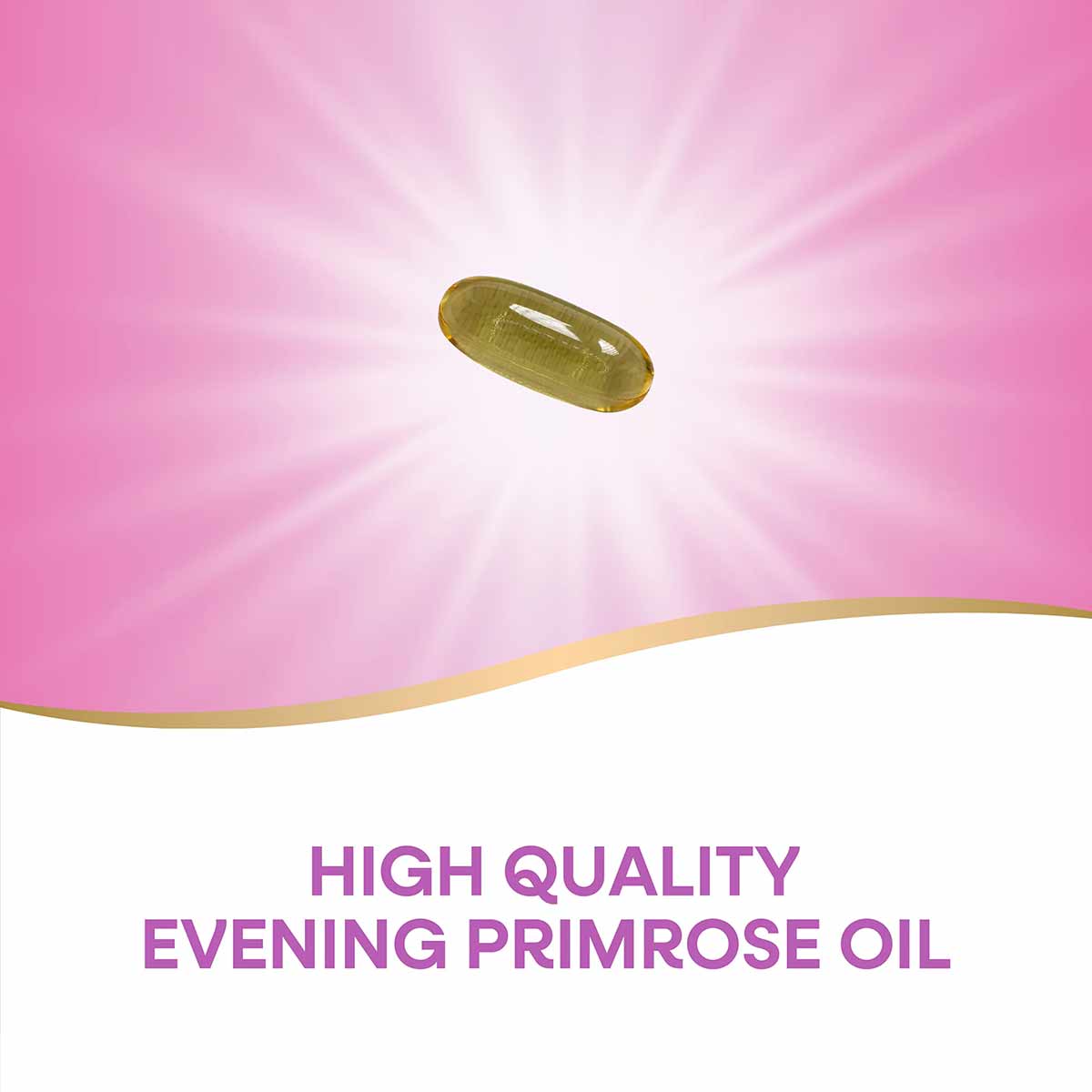 Oval-shaped yellow-green softgel capsule centered against a pink background with radiating light effect.