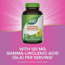 Nature's Way Evening Primrose cold-pressed oil dietary supplement bottle with green cap and label on pink background.
