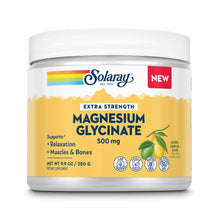 Solaray Extra Strength Magnesium Glycinate Powder 500mg in white container with yellow label and lemon lime flavor.
