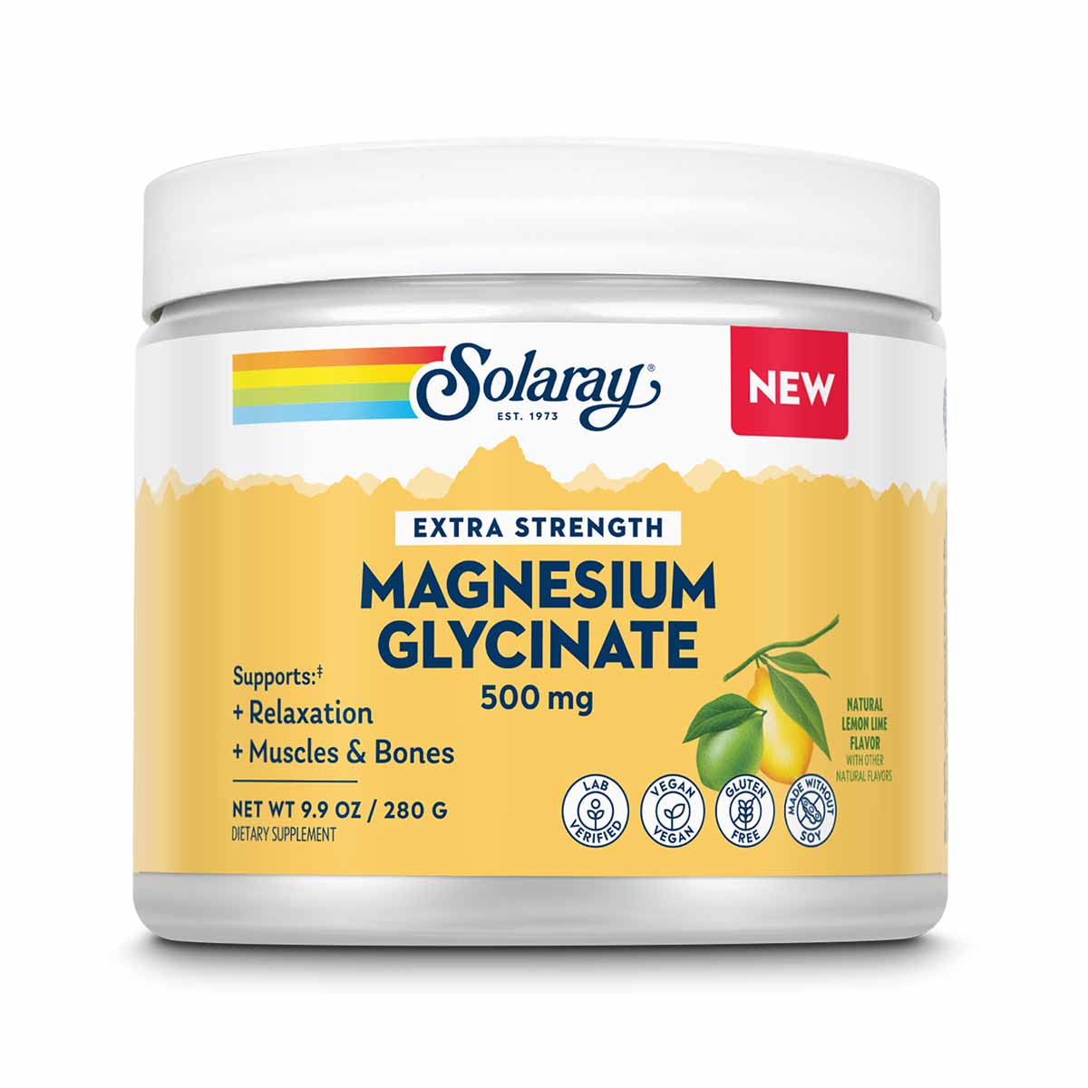 Solaray Extra Strength Magnesium Glycinate Powder 500mg in white container with yellow label and lemon lime flavor.