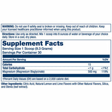 Supplement Facts label for magnesium glycinate powder showing 500 mg per serving with warnings, directions, and ingredient li