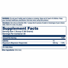Supplement Facts label for magnesium bisglycinate powder showing 500 mg per serving with usage and safety instructions.
