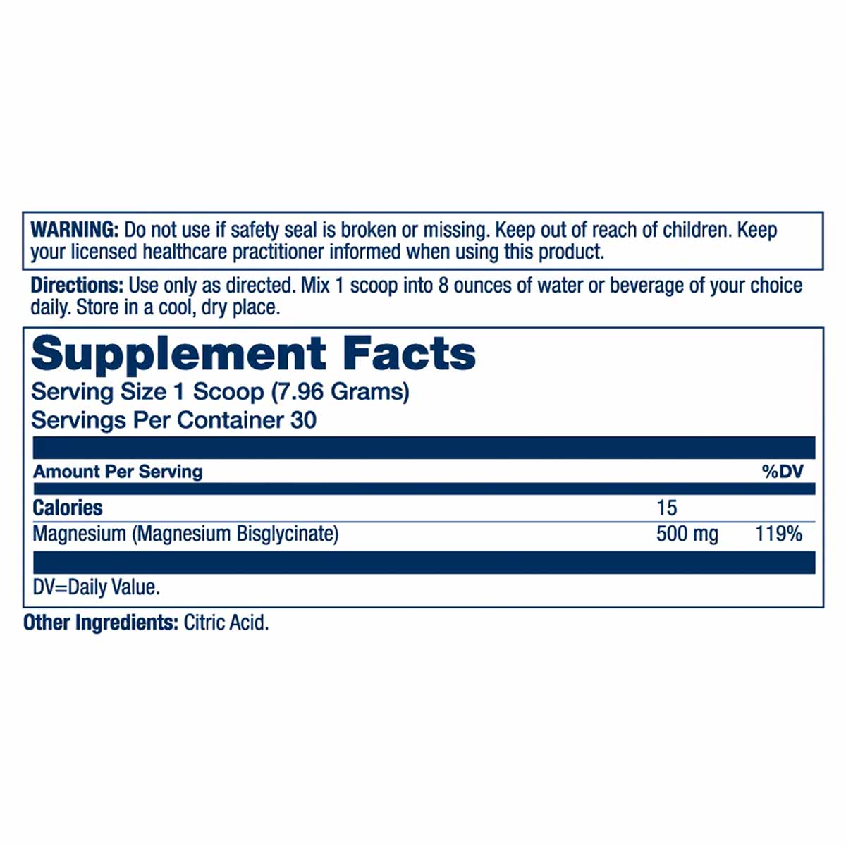 Supplement Facts label for magnesium bisglycinate powder showing 500 mg per serving with usage and safety instructions.