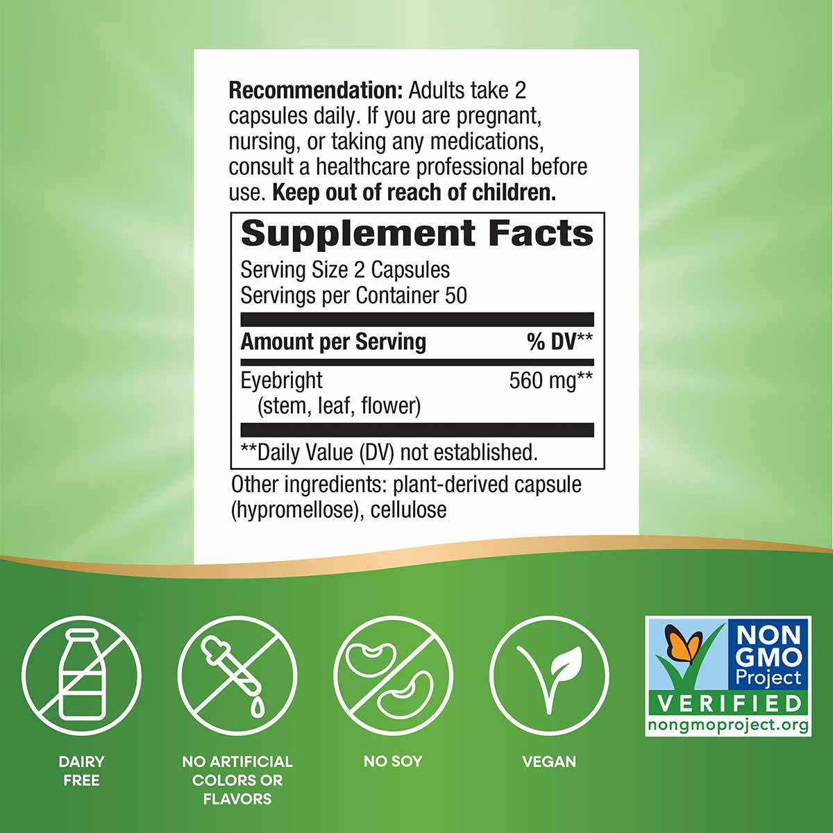 Back panel of Eyebright Herb supplement bottle showing usage instructions, supplement facts with 560mg eyebright per serving,