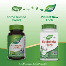 Two bottles of Nature's Way Eyebright Herb supplement showing old dark green packaging on left and new white packaging on rig