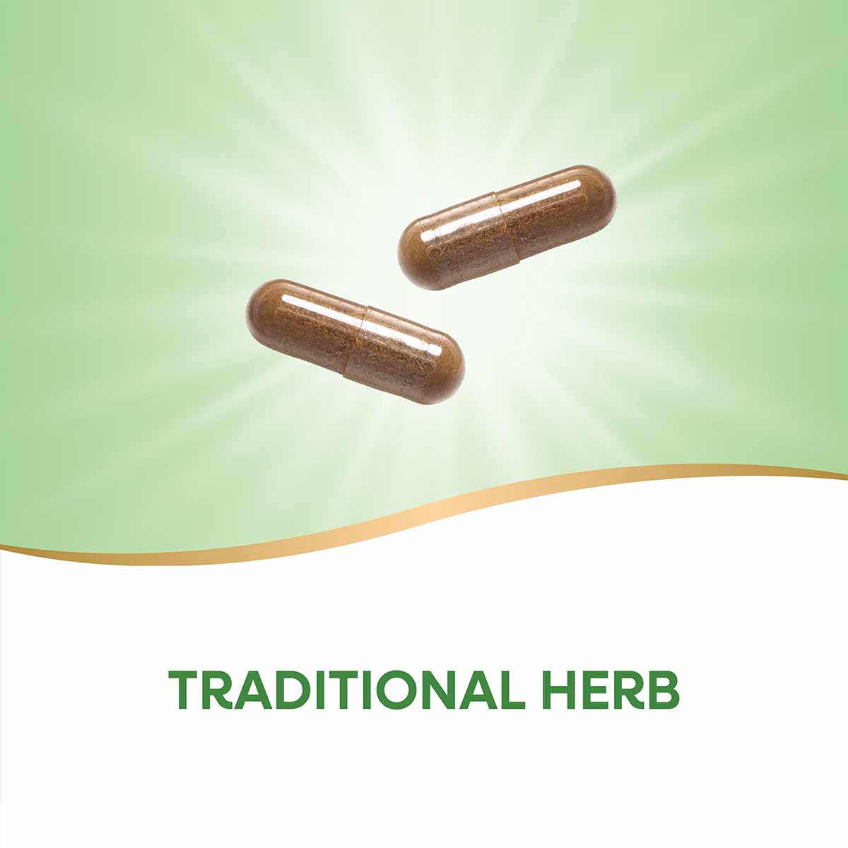 Two brown herbal supplement capsules on a green and white background.