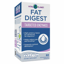 Vital Planet Fat Digest Targeted Enzymes bottle with blue and purple labeling, 60 acid-resistant capsules.