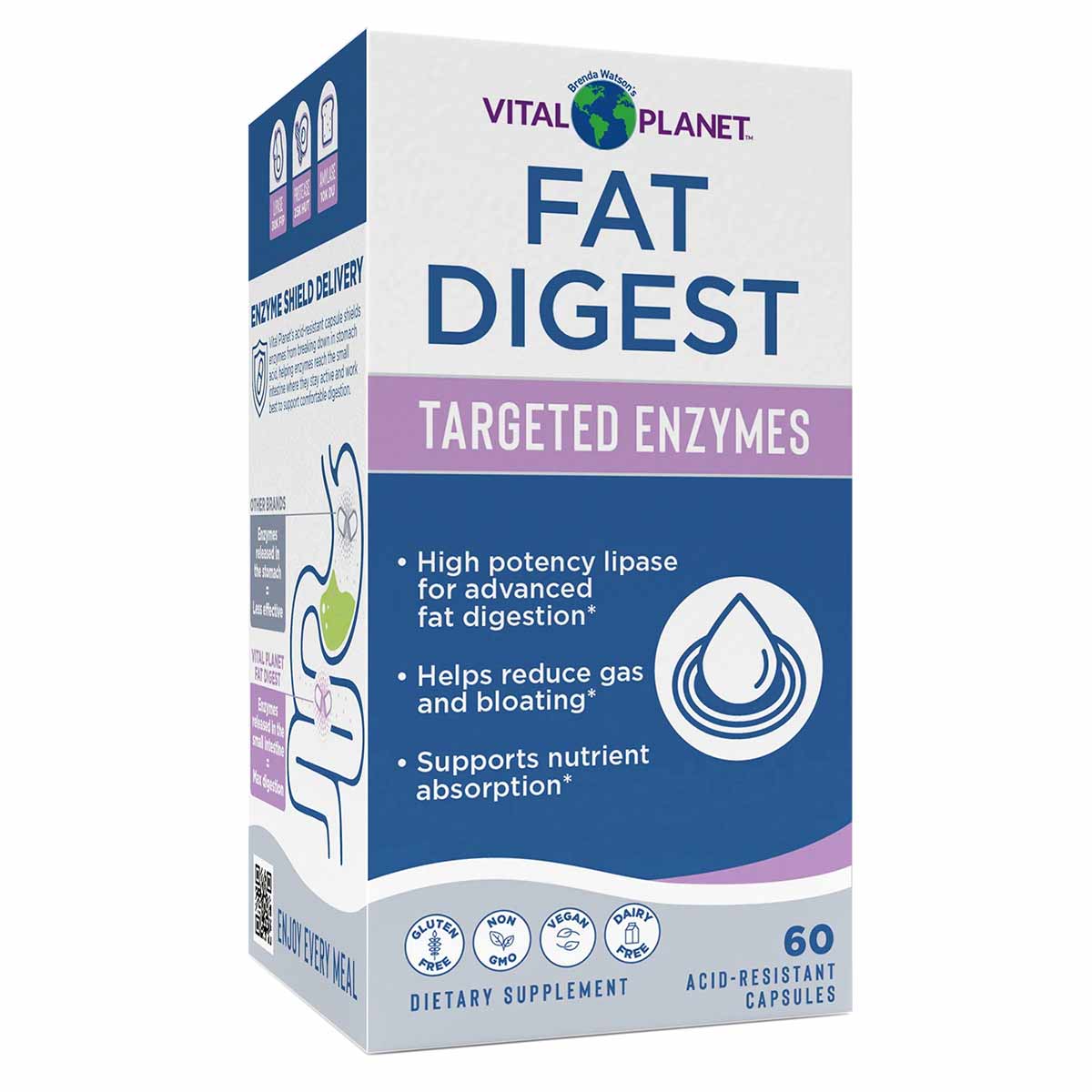 Vital Planet Fat Digest Targeted Enzymes bottle with blue and purple labeling, 60 acid-resistant capsules.