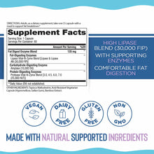Fat Digest Targeted Enzymes supplement facts label showing 135 mg enzyme blend with lipase and protease, vegan, dairy-free, g