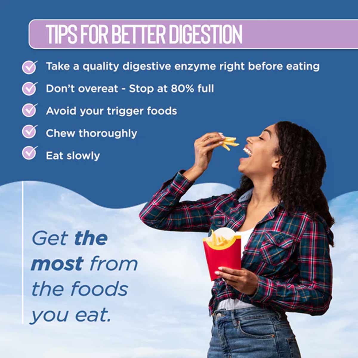 Woman in plaid shirt eating fries with digestion tips listed on blue background.