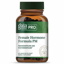 Gaia Herbs Pro Female Hormone Formula PM bottle with green cap containing 60 dark liquid phyto-capsules.