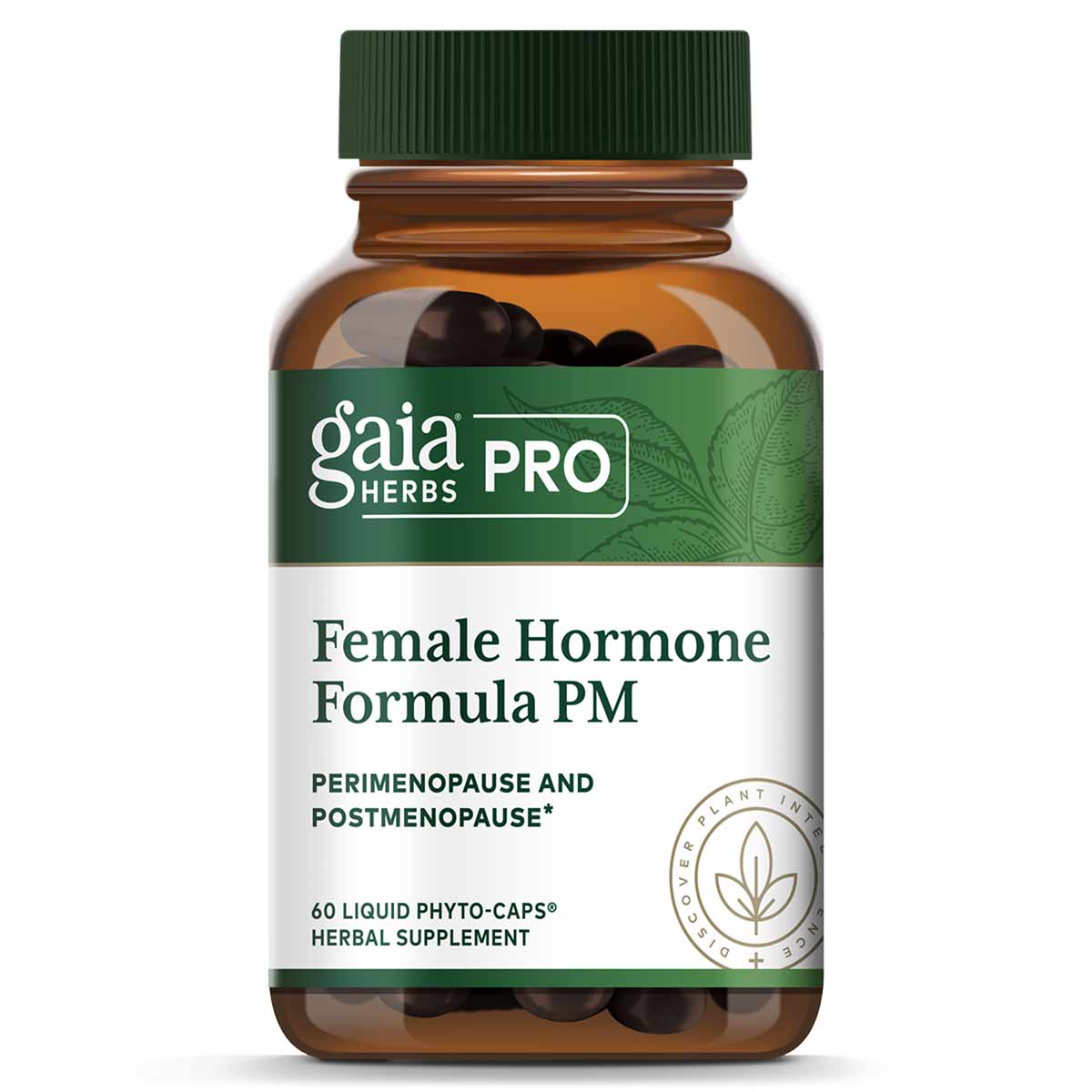Gaia Herbs Pro Female Hormone Formula PM bottle with green cap containing 60 dark liquid phyto-capsules.