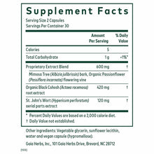 Supplement Facts label for Gaia Herbs Female Hormone Formula PM showing serving size, ingredients including Mimosa Tree bark,