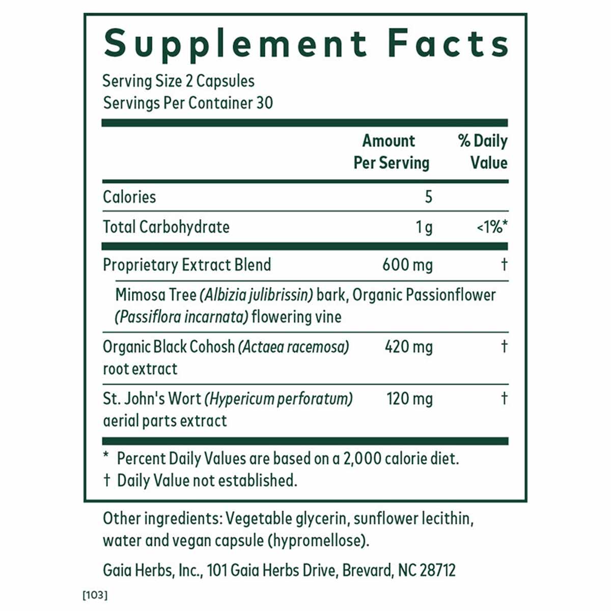 Supplement Facts label for Gaia Herbs Female Hormone Formula PM showing serving size, ingredients including Mimosa Tree bark,