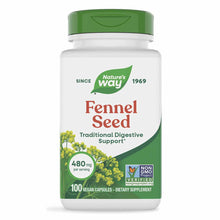 White and green bottle of Nature's Way Fennel Seed dietary supplement with 100 vegan capsules and green leaf logo.