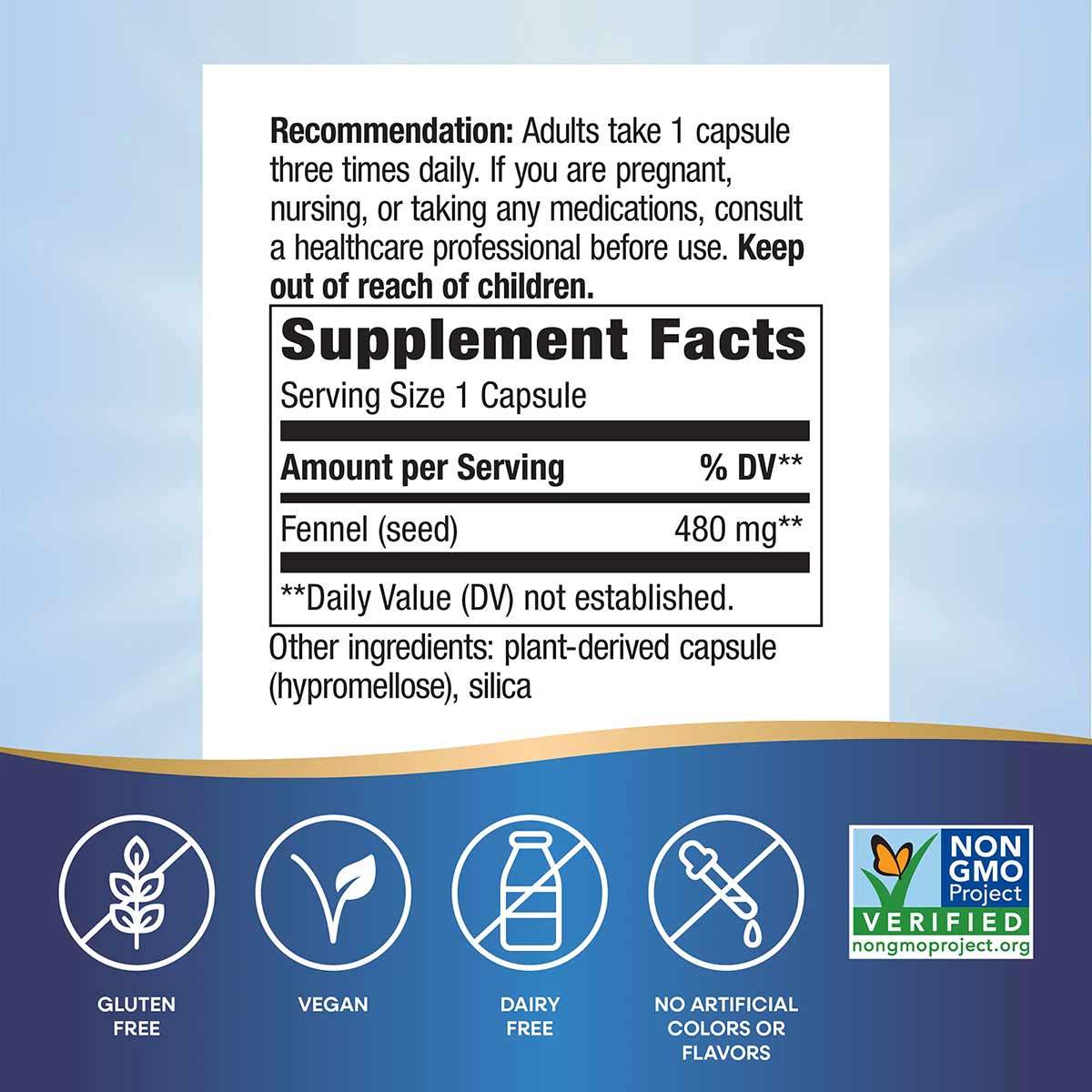 Supplement Facts label showing fennel seed 480 mg per capsule with usage instructions and certification badges for gluten-fre