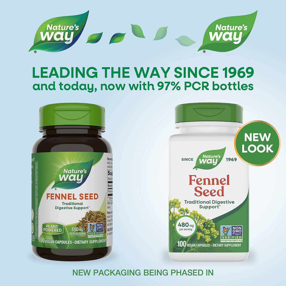 Two bottles of Nature's Way Fennel Seed supplement, one dark glass bottle and one white bottle with green cap, both containin