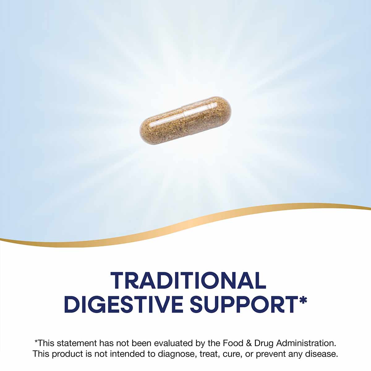 Brown capsule supplement pill on light background with gold wave design.