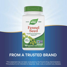 Nature's Way Fennel Seed bottle with green cap, 100 vegan capsules, 480 mg per serving, Non-GMO Project Verified.