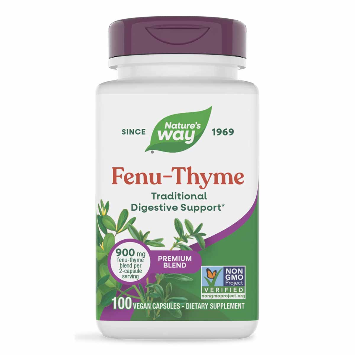 Nature's Way Fenu-Thyme white supplement bottle with purple cap containing 100 vegan capsules.