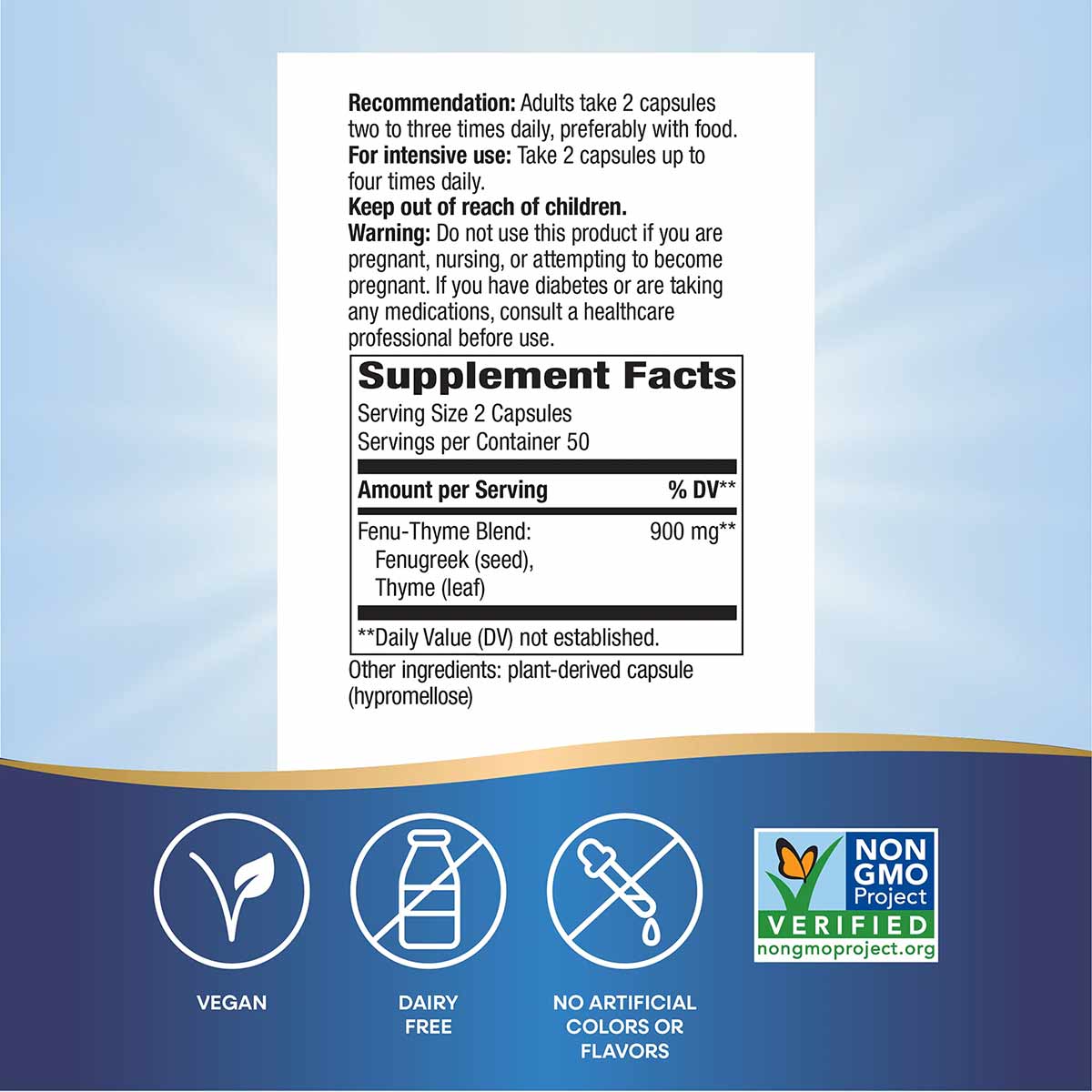 Supplement label for Fenu-Thyme capsules showing dosage recommendations, ingredient information, and certification badges for