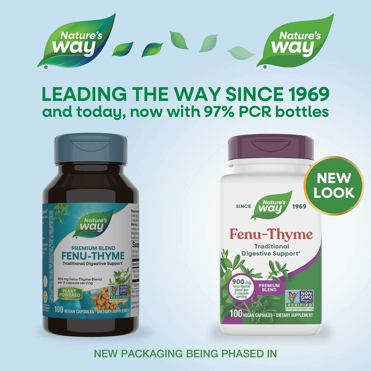 Two bottles of Nature's Way Fenu-Thyme dietary supplement showing old and new packaging designs with 100 vegan capsules each.