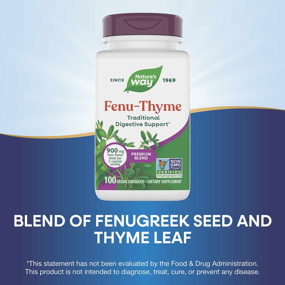 Nature's Way Fenu-Thyme bottle with purple cap containing 100 vegan capsules, labeled as traditional digestive support blend.