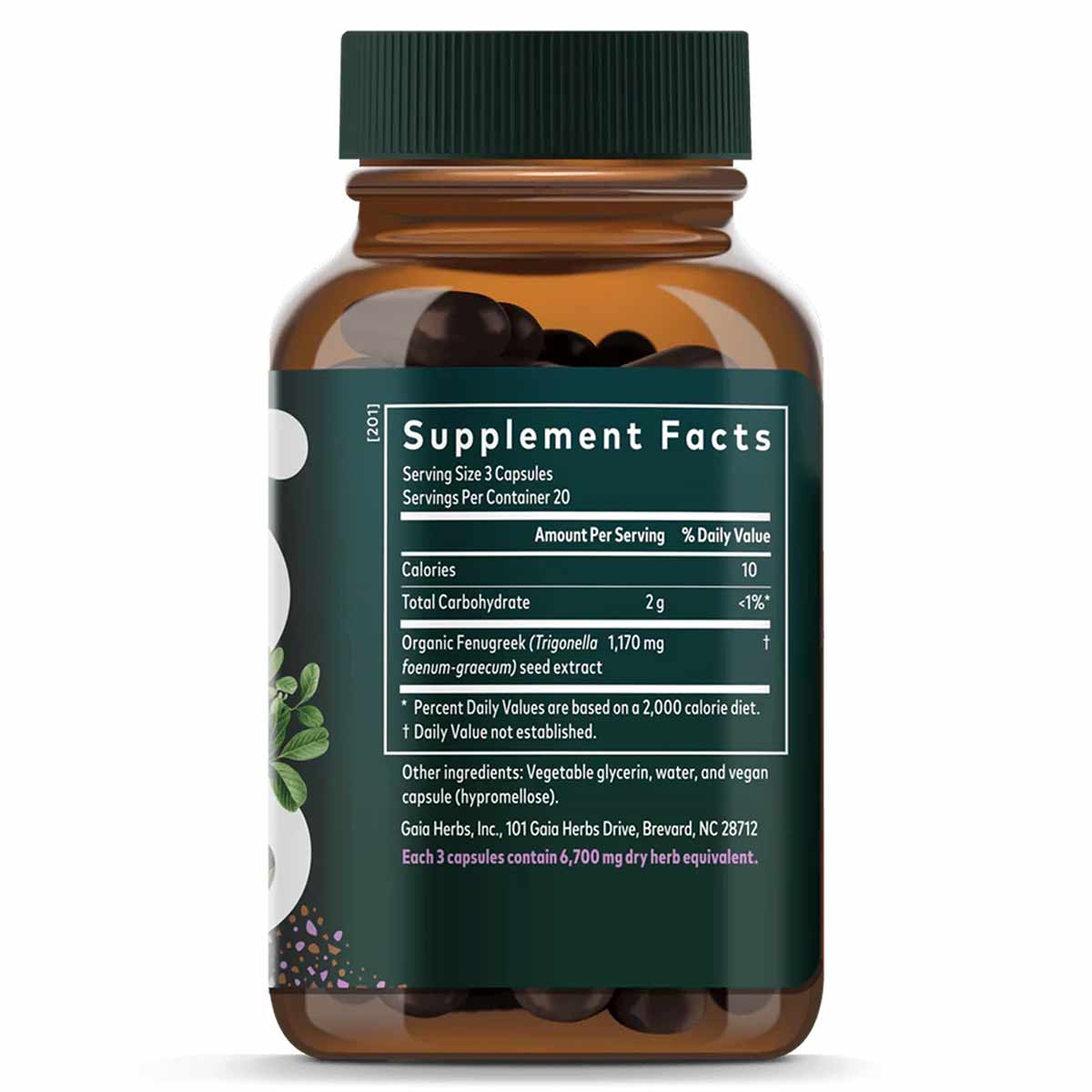 Amber glass bottle with green cap containing dark brown liquid phyto capsules and supplement facts label.