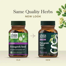 Two amber bottles of Gaia Herbs Fenugreek Seed with green caps, showing old and new label designs.