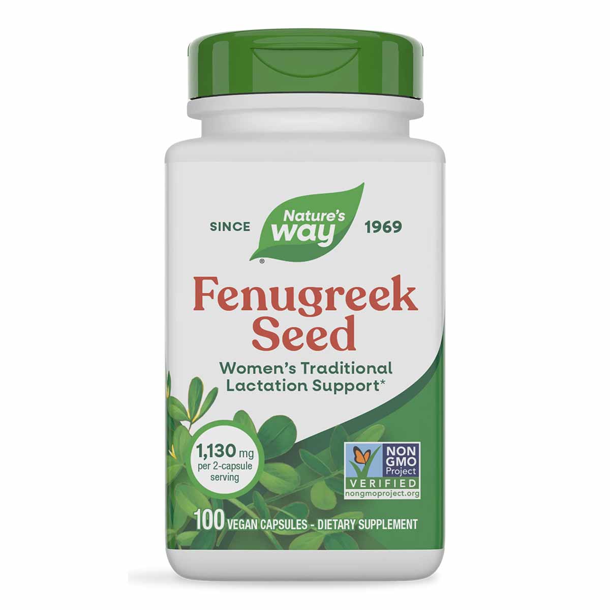 Nature's Way Fenugreek Seed dietary supplement bottle with green cap containing 100 vegan capsules.