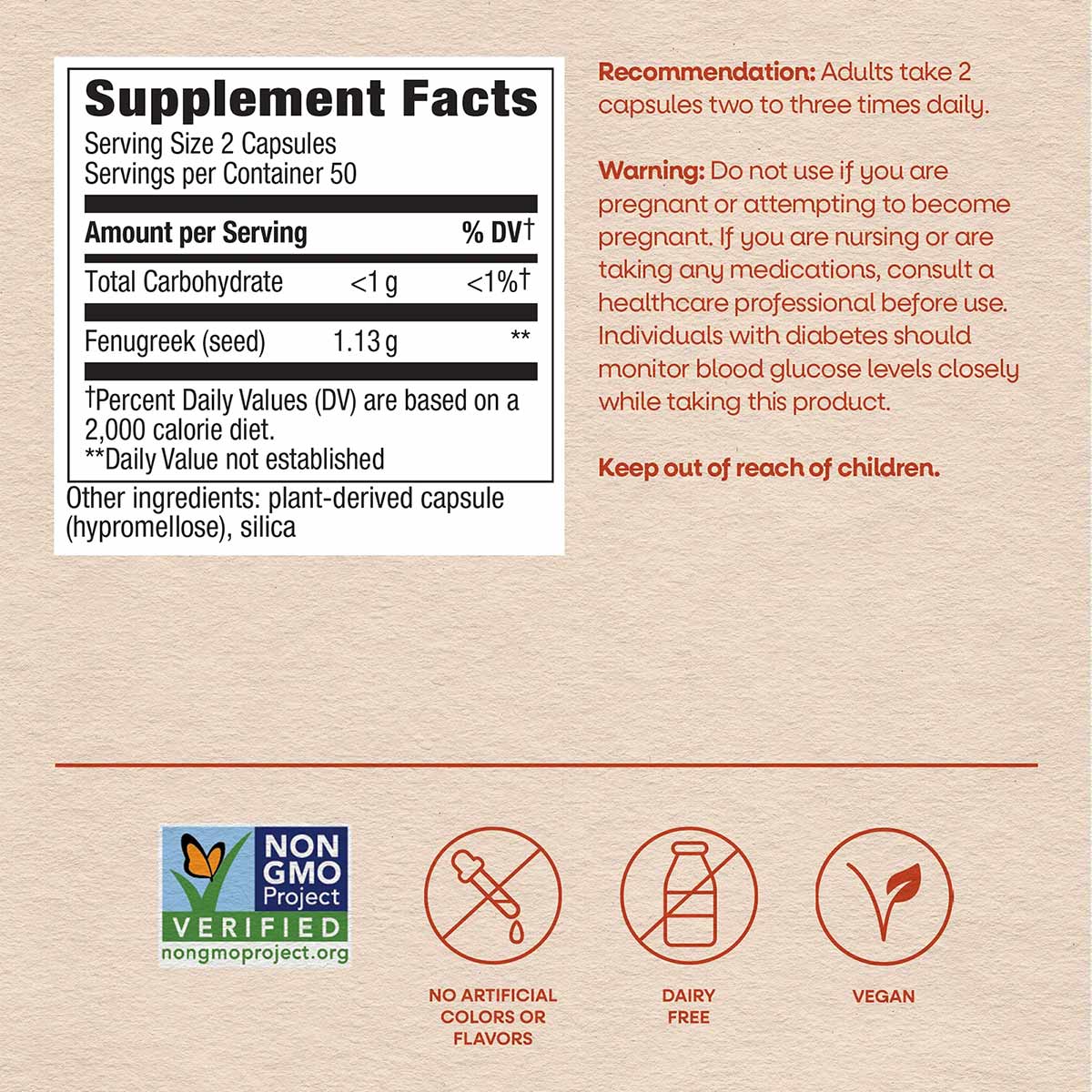 Fenugreek seed supplement capsules with supplement facts label, Non-GMO Project Verified, dairy-free and vegan.
