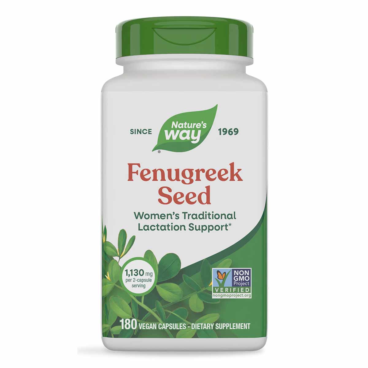 White bottle with green cap and label showing Nature's Way Fenugreek Seed, 180 vegan capsules, Non-GMO Project Verified.