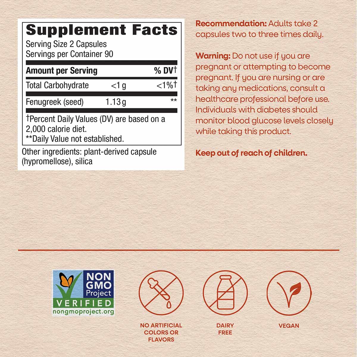 Fenugreek Seed supplement facts label showing 1.13g per serving, 90 servings per container, with Non-GMO verified and vegan c
