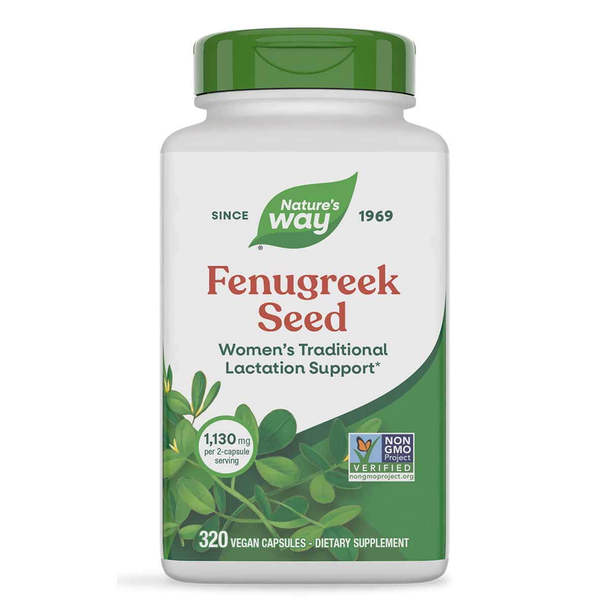 Fenugreek Seed supplement bottle by Nature's Way with green cap and label, containing 320 vegan capsules.