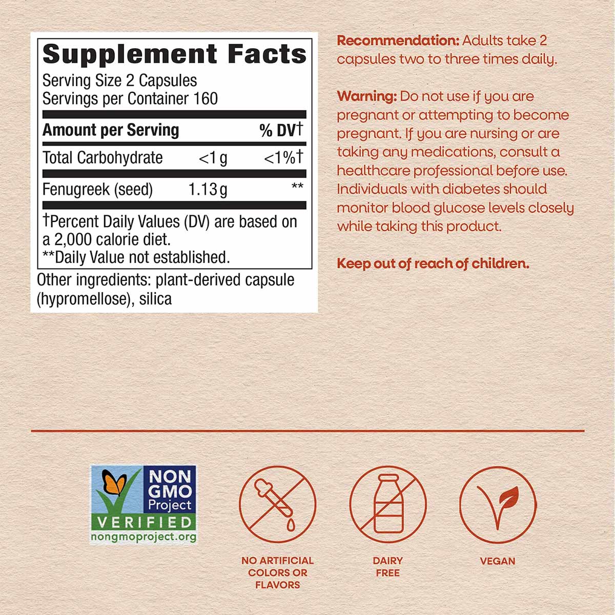 Fenugreek seed supplement label showing serving size, nutrition facts, and warnings on beige background.