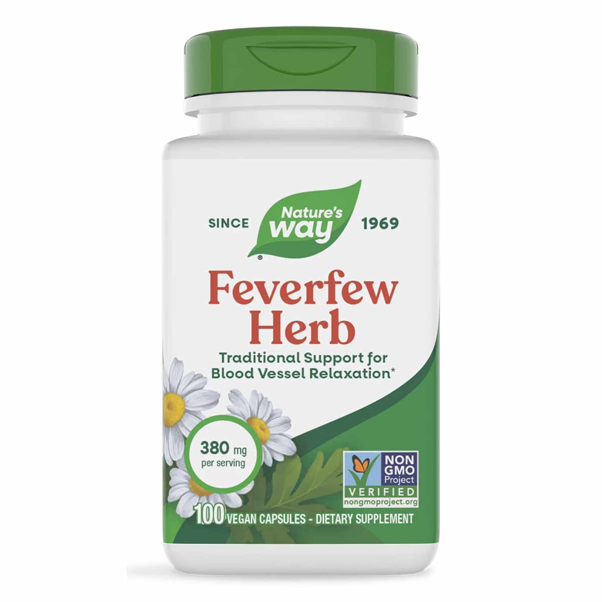 White and green bottle of Nature's Way Feverfew Herb 380 mg dietary supplement with 100 vegan capsules and Non-GMO Project Ve