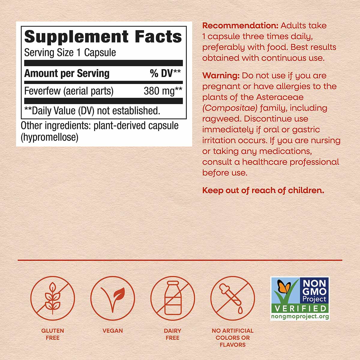 Supplement Facts label for Feverfew Herb 380 mg capsules with usage recommendations and warnings.