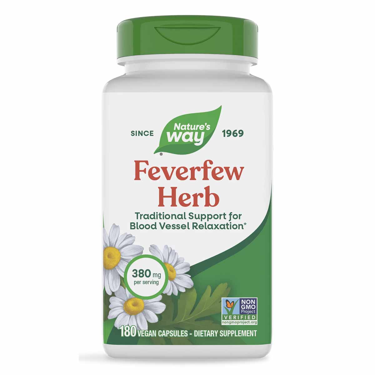 Nature's Way Feverfew Herb 380 mg bottle with green cap and white label featuring daisy flowers and Non-GMO Project Verified 