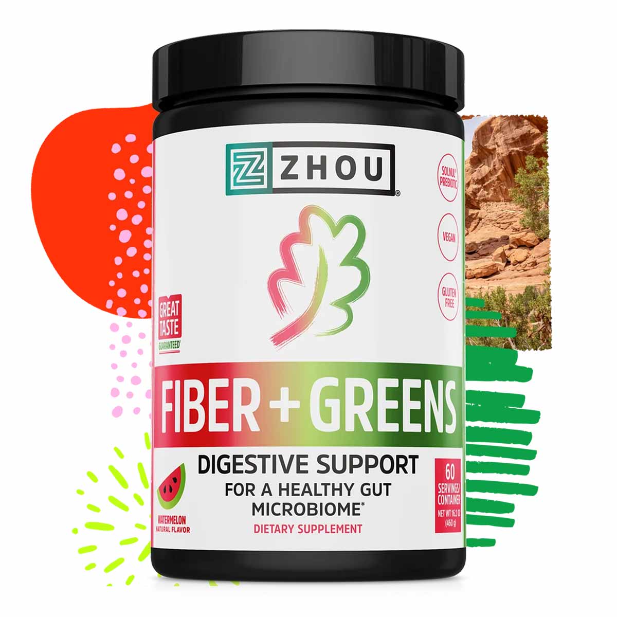 Zhou Nutrition Fiber + Greens dietary supplement powder in black container with white label and watermelon flavor branding.