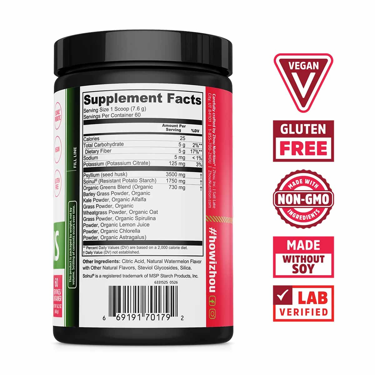 Zhou Nutrition Fiber & Greens powder supplement container with black lid, displaying nutrition facts and certification badges