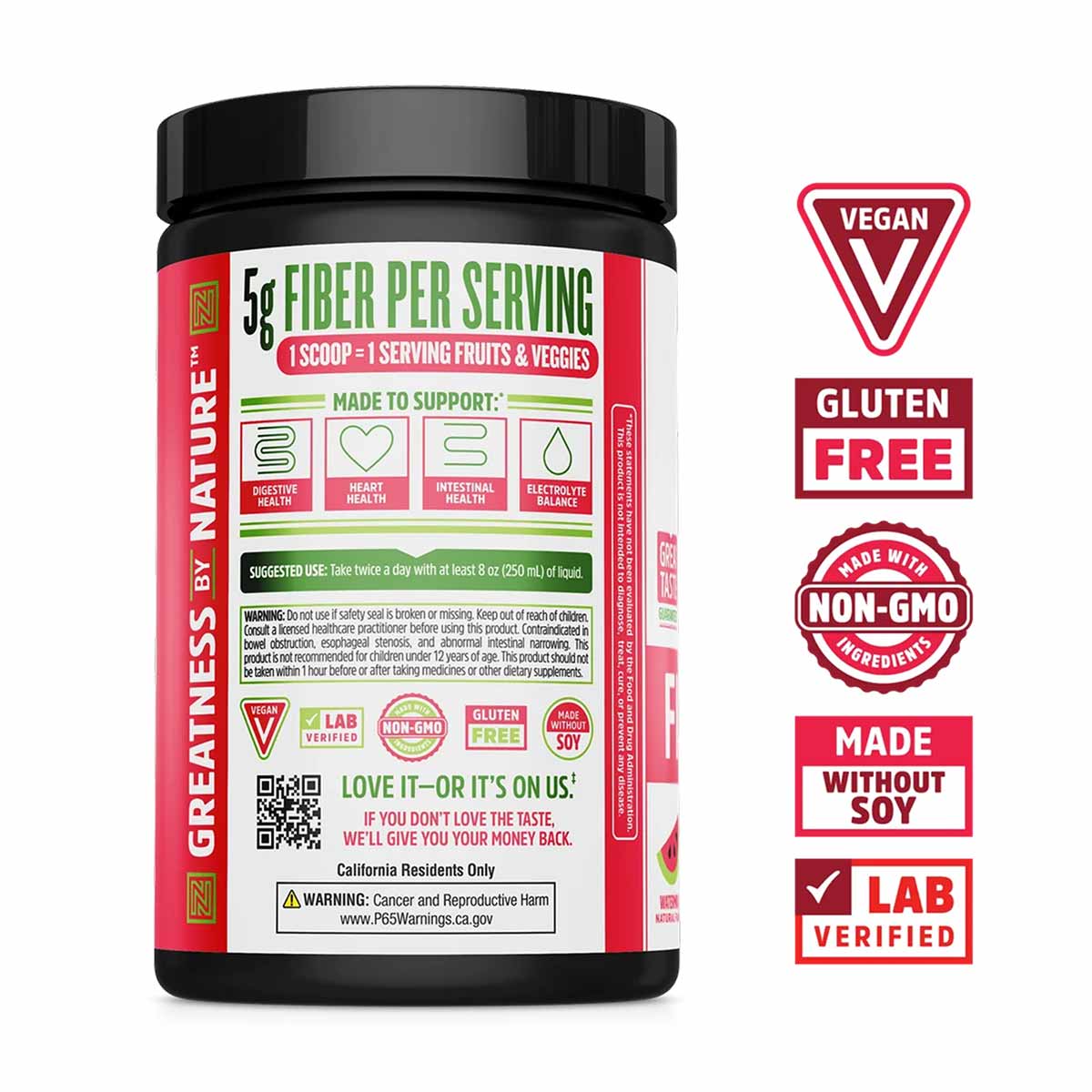 Black and pink Zhou Nutrition Fiber & Greens supplement container with black screw cap and product information labels.