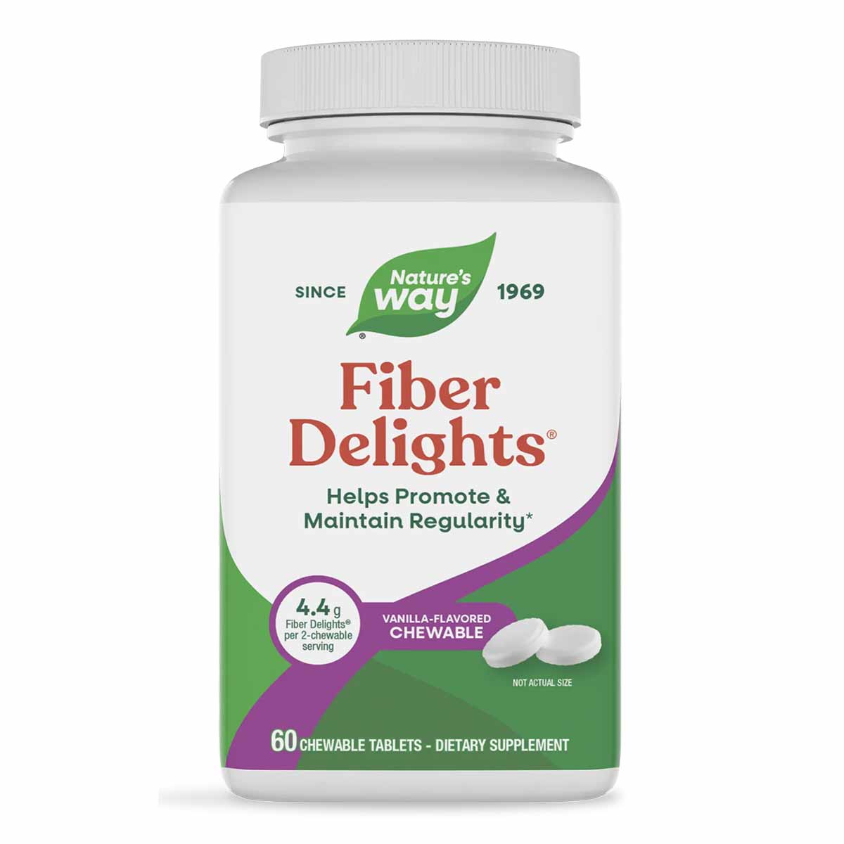 Nature's Way Fiber Delights vanilla-flavored chewable tablets in white bottle with green and purple label, 60 count.