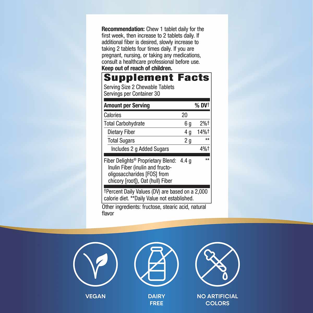 Supplement facts label for Fiber Delights chewable tablets with vegan, dairy-free, and no artificial colors icons displayed b