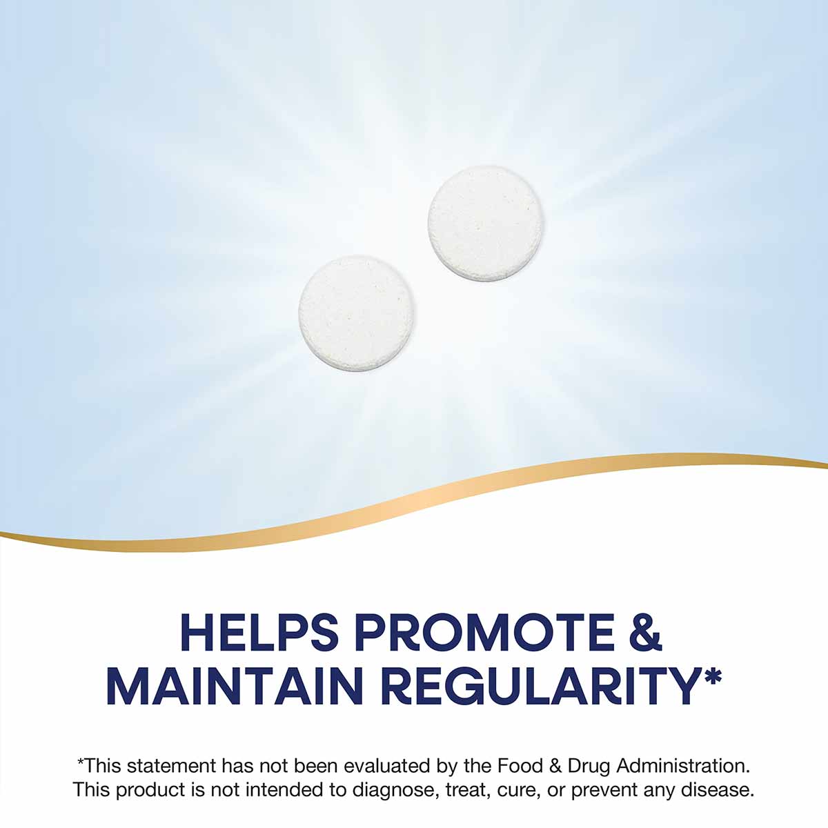 Two white round tablets against a light blue background with a gold curved wave design at the bottom.